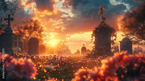 An image of a sunrise over a cemetery, where flowers bloom on graves, combining Revival and Mourning