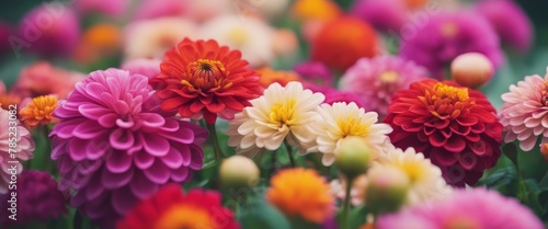 Beautiful colorful zinnia and dahlia flowers in full bloom, close up. Natural summery texture for background