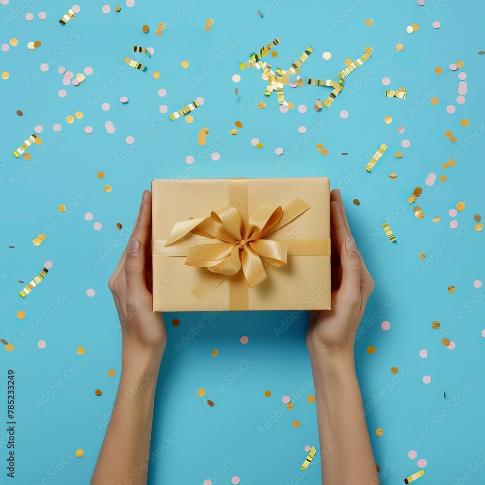 Woman hands holding elegant present gift box with golden ribbon over blue background with confetti Woman hands holding elegant present gift box with golden ribbon over blue background with confetti