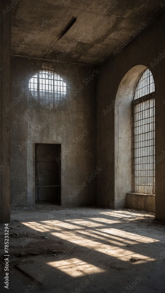 Sunlight streams through two large, arched windows with metal grilles, casting intricate pattern of light, shadow on floor of otherwise dark, abandoned room. Walls bare, stained, showing signs of age.