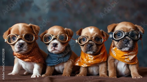 Drag racing puppies wearing tiny goggles and scarves