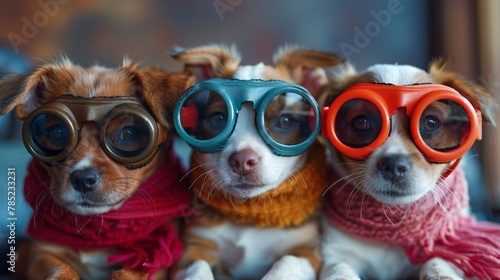Drag racing puppies wearing tiny goggles and scarves