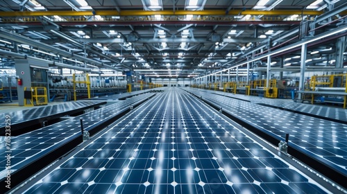 Large-scale solar panel production line with automated machinery, reflecting the growth of sustainable energy solutions.