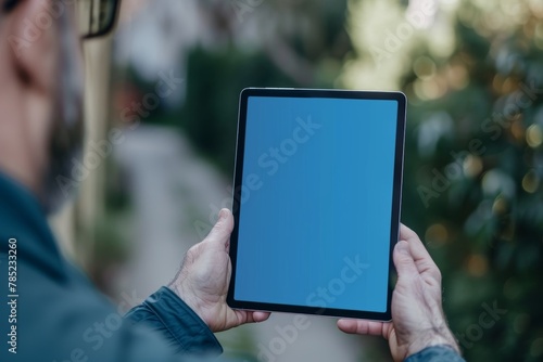 Ui mockup through a shoulder view of a mature man holding a tablet with an entirely blue screen