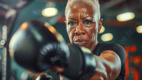 A woman in a boxing ring with a black glove on her left hand. She is looking at the camera with a serious expression. afro american senior fit looking woman doing box in the gym