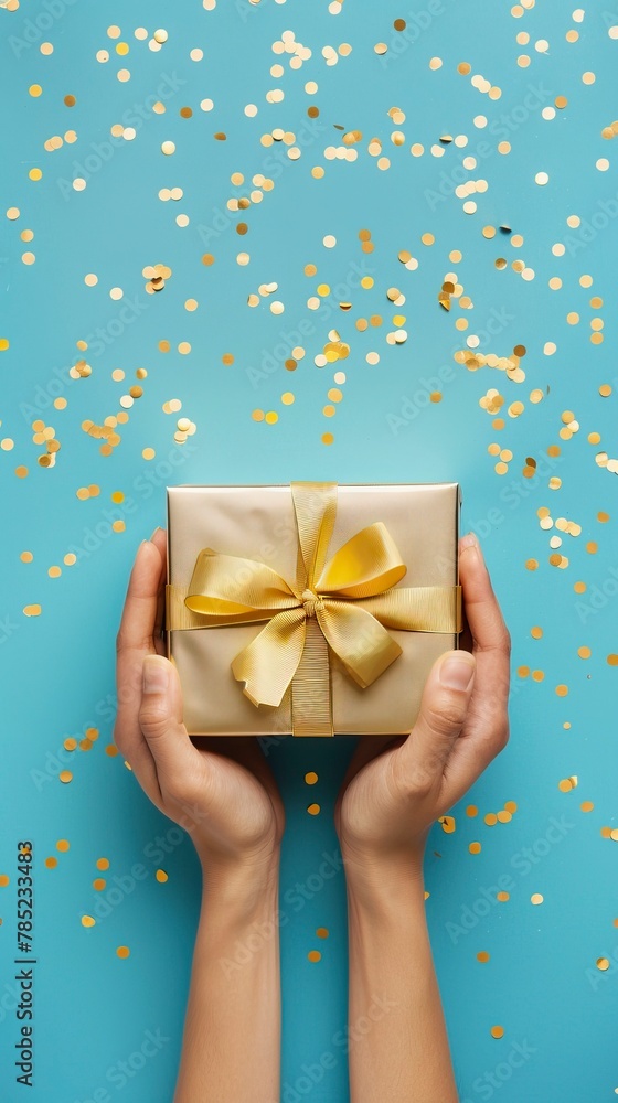 Woman hands holding elegant present gift box with golden ribbon over blue background with confetti Woman hands holding elegant present gift box with golden ribbon over blue background with confetti