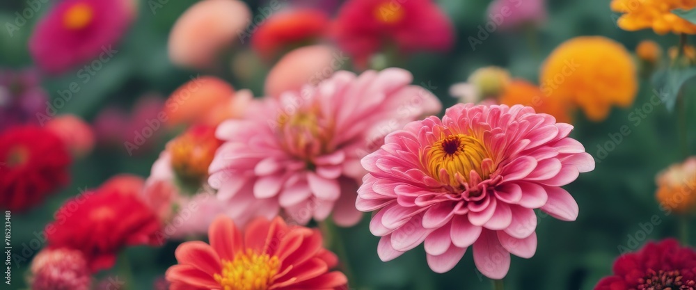 Beautiful colorful zinnia and dahlia flowers in full bloom, close up. Natural summery texture for background Beautiful colorful zinnia and dahlia flowers in full bloom, close up. Natural summery texture for background