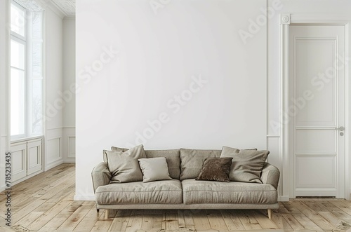 Fototapeta Naklejka Na Ścianę i Meble -  A living room view with a couch, white wall, empty wall, for a artwork mockup display no frame on the wall