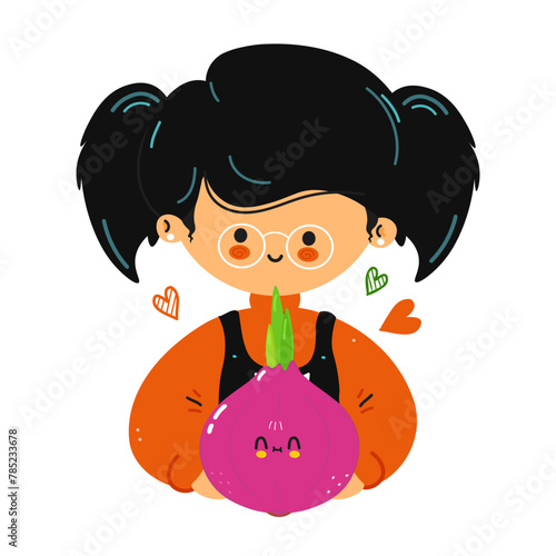 Young cute funny girl hold red onion in hand. Girl hugs cute onion. Vector hand drawn doodle style cartoon character illustration icon design. Isolated on white background © Yevhen