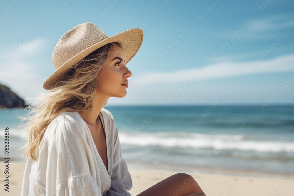 Profile of a beautiful young women looking out to sea on a tropical sandy beach.