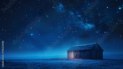 An artistic representation of Jesus Christ's birth in a wooden stable under a dark blue starry night, with room for additional text to be added. photo
