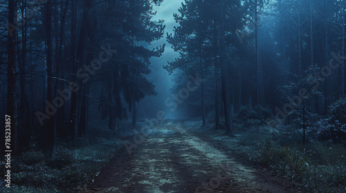 A dark and moody forest pathway covered in mist. 