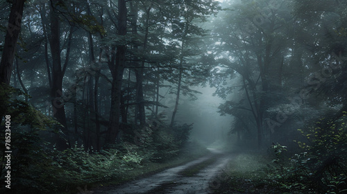 A dark and moody forest pathway covered in mist. 