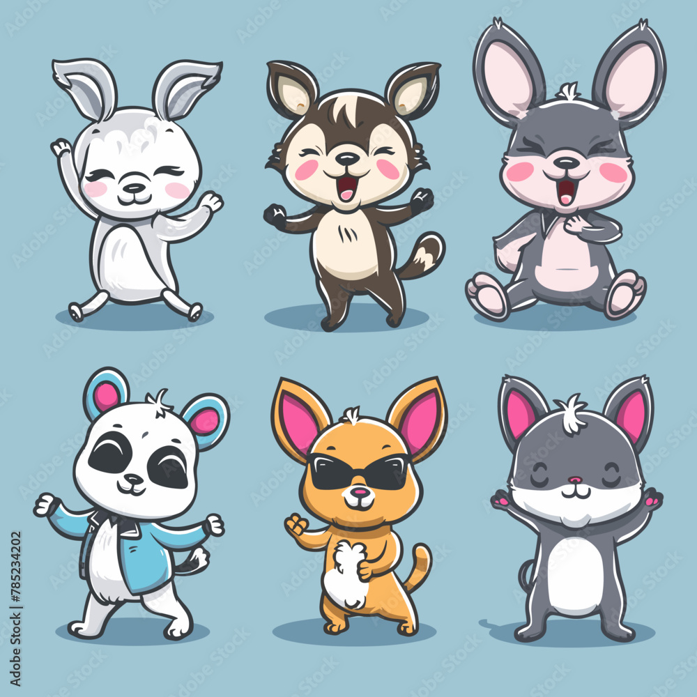 A group of cartoon animals are dancing and smiling. The animals include a rabbit, a cat, a dog, a bear, a raccoon, and a fox A group of cartoon animals are dancing and smiling. The animals include a rabbit, a cat, a dog, a bear, a raccoon, and a fox