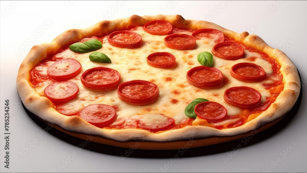Pepperoni pizza in the middle of a light background.