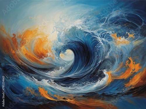 Powerful wave  painted with mix of dark  light blues  whites  touches of orange  yellow  captures main action in this artwork. Wave curls gracefully yet with immense power.