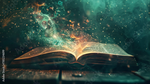A fantasy book open bursting with magic and knowledge.