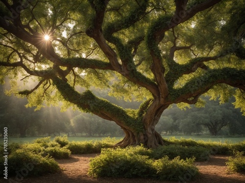 Sunlight pierces through branches of majestic tree, casting warm glow that illuminates lush greenery surrounding it. Tree stands as centerpiece, its gnarled.