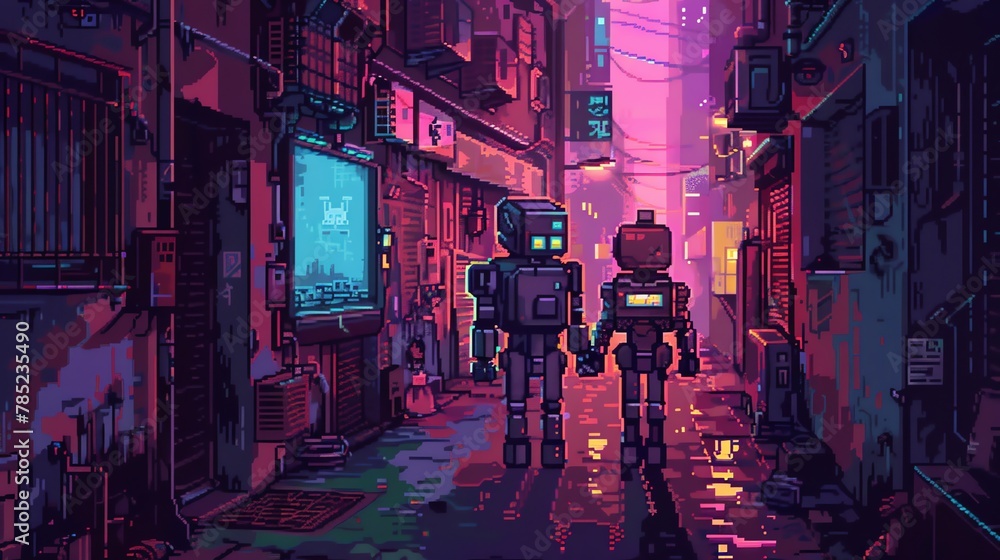 Craft a pixel art scene of robotic lovers holding hands as they walk along a neon-lit alley, with a retro-futuristic vibe that combines nostalgic charm with a touch of robotic whimsy
