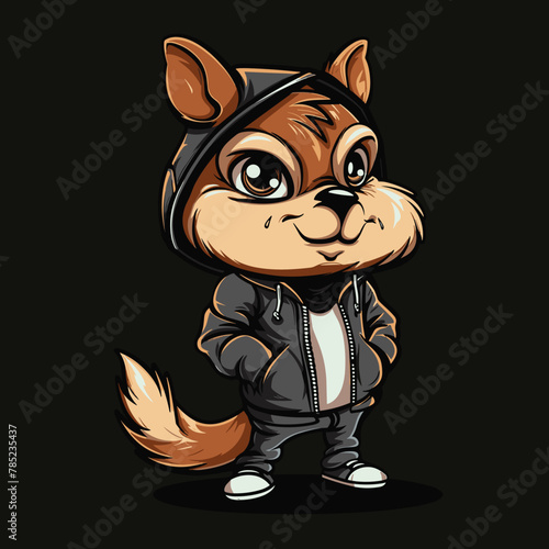 Cute cartoon dog in leather jacket and hat  vector illustration.