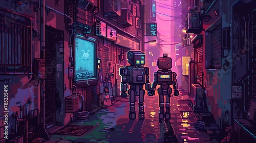 Craft a pixel art scene of robotic lovers holding hands as they walk along a neon-lit alley, with a retro-futuristic vibe that combines nostalgic charm with a touch of robotic whimsy