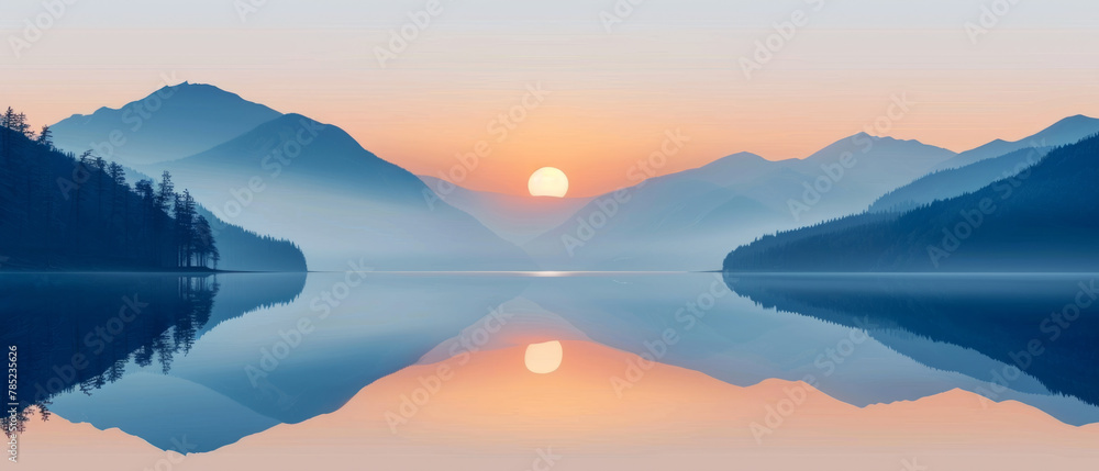 A serene and minimalistic illustration of a sunrise over a calm lake, depicted in a flat vector style.
