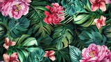 Watercolor pattern with peonies flowers tropical leaves , Generative ai