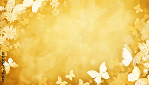 Whimsical Golden Background with Butterflies and Floral Elements with Ample Copy Space
