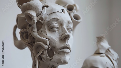 Craft a surreal composition with clay sculptures portraying futuristic technologies entwined with horror themes, presenting a twisted perspective from unexpected camera angles to enhance the unsettlin