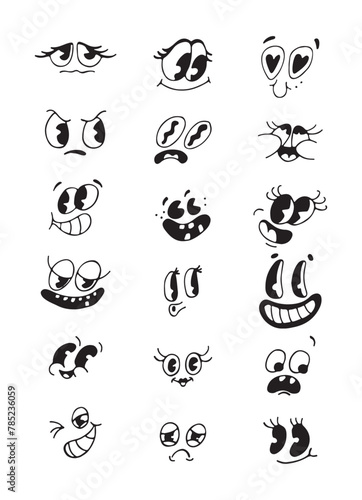 Cute face drawing doodle character retro. Black and white animated face. Facial expression, character. Face sticker. Doodle. Hand drawn. Vector illustration.