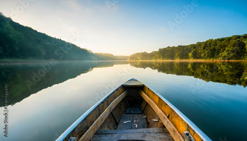 Canoe on a calm hight mountain lake at sunrise, quiet, peaceful, soft morning light. photo