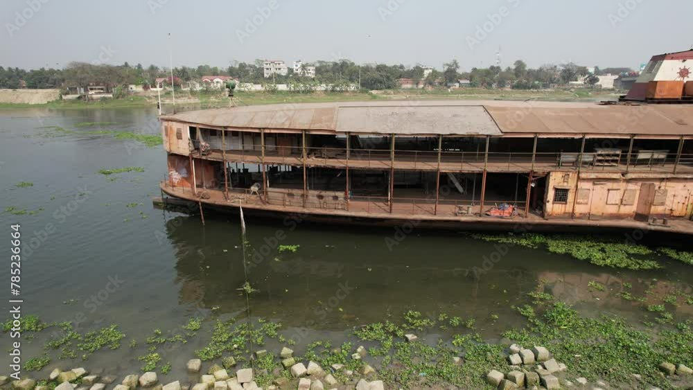 Aerial view of a historical nautical paddle steamer boat that used to do cruises in Asia Aerial view of a historical nautical paddle steamer boat that used to do cruises in Asia