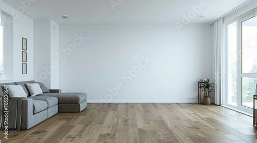 A living room view with a couch  white wall  empty wall  for a artwork mockup display no frame on the wall