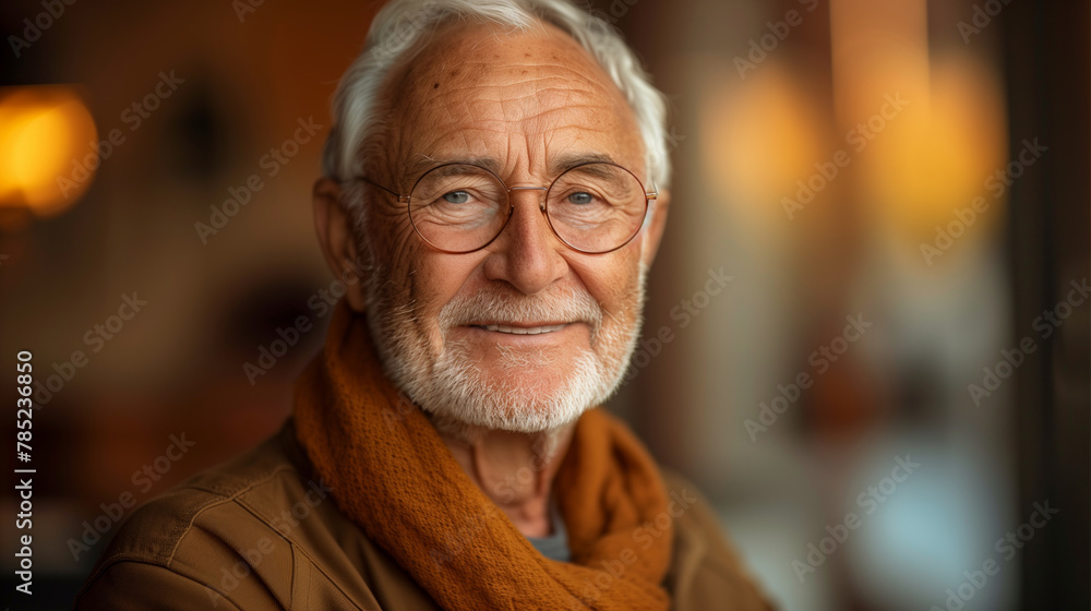 A elderly man with glasses and a brown jacket is smiling. He looks happy and content. The image has a warm and friendly atmosphere. a smiling, elderly, Caucasian man