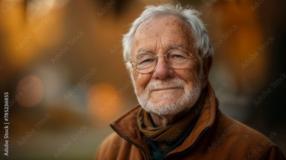 A elderly man with glasses and a brown jacket is smiling. He looks happy and content. The image has a warm and friendly atmosphere. a smiling, elderly, Caucasian man A elderly man with glasses and a brown jacket is smiling. He looks happy and content. The image has a warm and friendly atmosphere. a smiling, elderly, Caucasian man