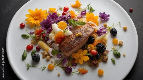 Beautifully plated dish takes center stage, showcasing piece of grilled salmon with golden-brown crust nestled amidst vibrant array of edible flowers, fresh berries, garnishes on white plate.