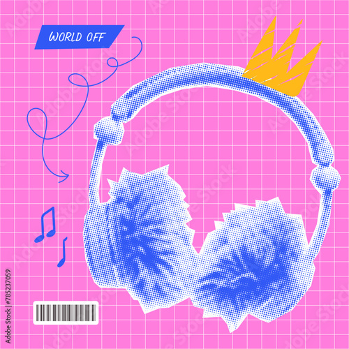 A modern poster in the style of rebellious teenagers. Halftone collage of headphones on checkered pink background. World off.