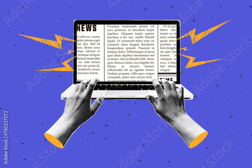 Trendy halftone collage with laptops and hands that print a newspaper on it. Modern vector design.