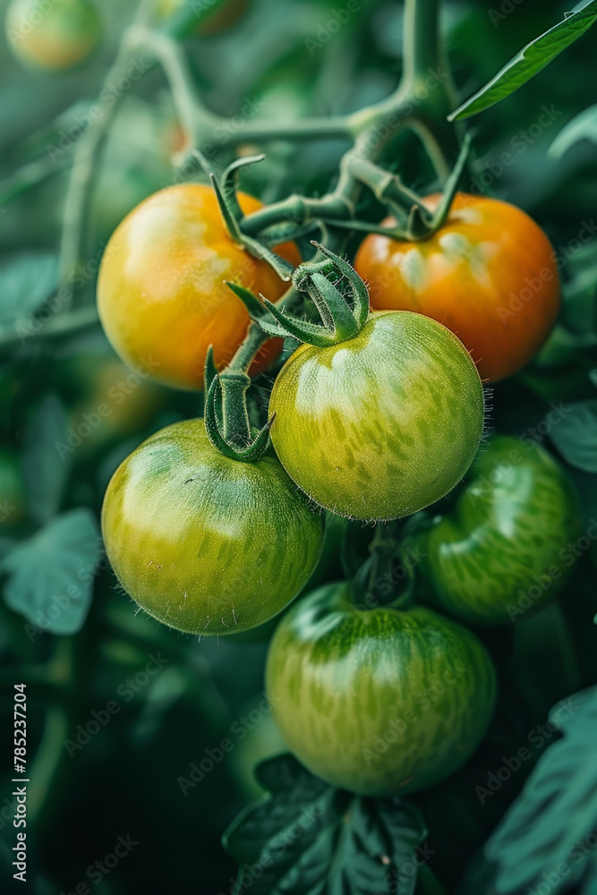 Closeup view of ripe and green tomatoes growing on bushes, isolated from background