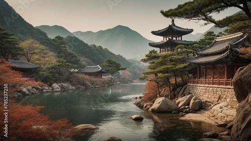 Serene, picturesque landscape unfolds, where traditional asian architecture nestles amidst natures embrace. Calm waters of lake, surrounded by rocky shores, adorned with scattered boulders. photo