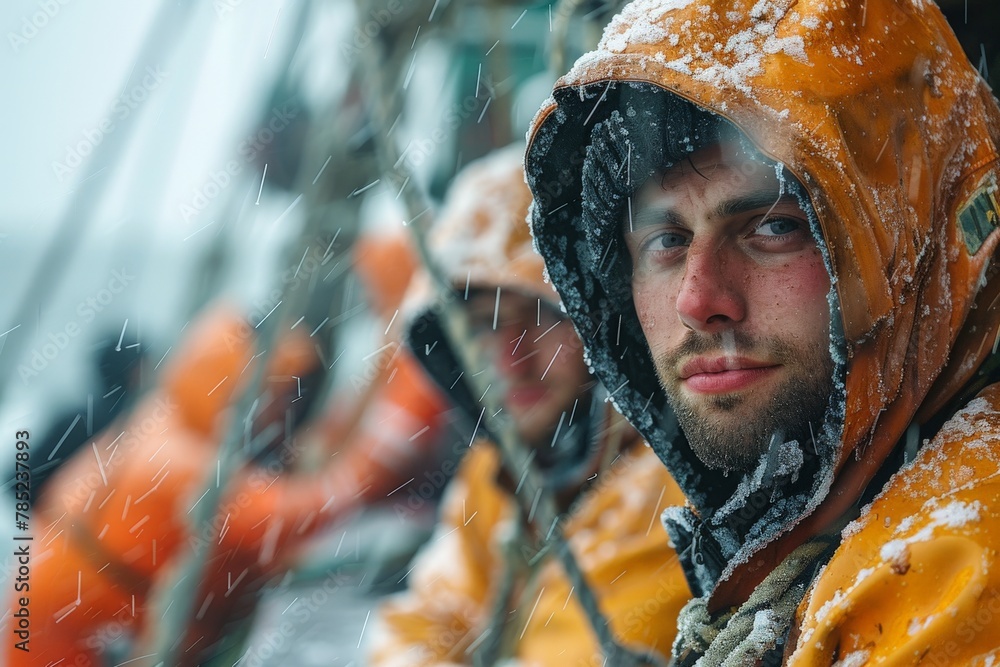 Close-up of a rugged man with frozen snow on his beard and jacket, braving a winter environment Close-up of a rugged man with frozen snow on his beard and jacket, braving a winter environment