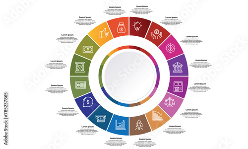 	
Collection of vector circle chart infographic templates for presentations, advertising, layouts, annual reports. 16 options, steps, parts