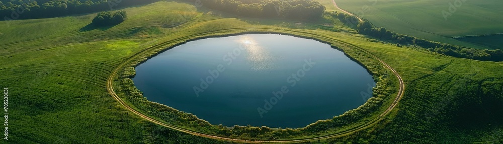 large circle lake in center of lush green farm fields with dirt roads leading to lake arial drone direct downward - obrazy, fototapety, plakaty 