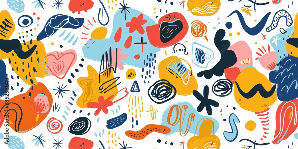 A colorful, abstract painting with a lot of different shapes and patterns A colorful, abstract painting with a lot of different shapes and patterns