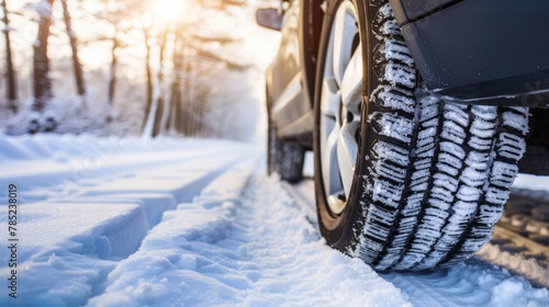Close-up of winter tires on a vehicle driving through a snow-covered forest road with sunlight piercing through trees. © tashechka