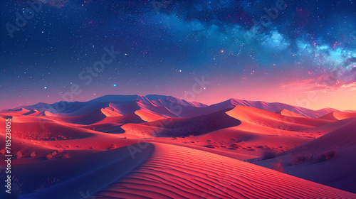 Rolling Sand Dunes Form an Empty Desert Landscape, 3d illustration of desert dunes and starry sky background