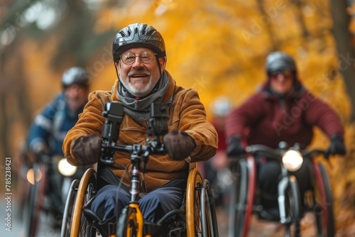 Happy senior man in a wheelchair leading a group of disabled cyclists through an autumn park