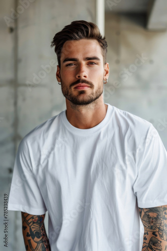 A mockup photo featuring a handsome man with tattoos wearing an oversized white tshirt against a light concrete background.