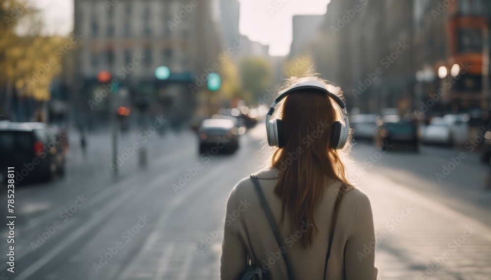 Fototapeta premium usiness woman listening to music with earphones while commuting in the morning.