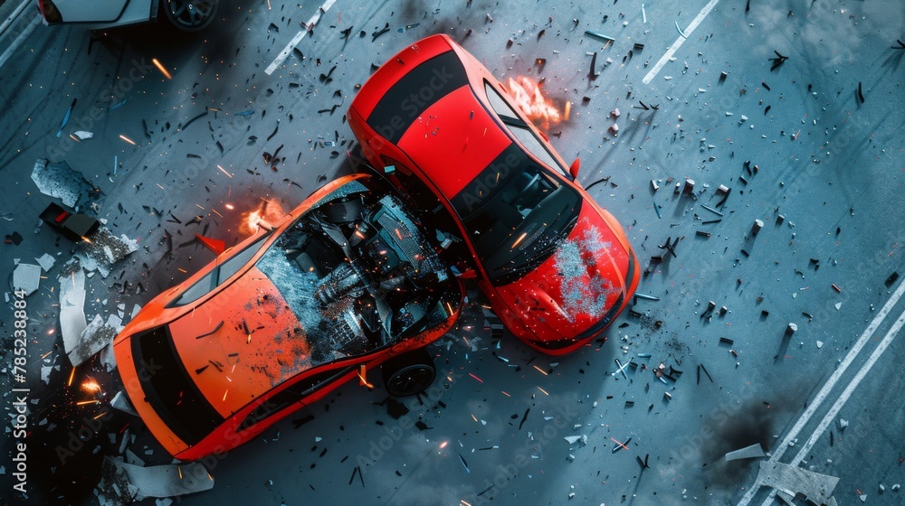 Overhead view of a fiery collision between two red cars on an urban road, with debris scattered around.